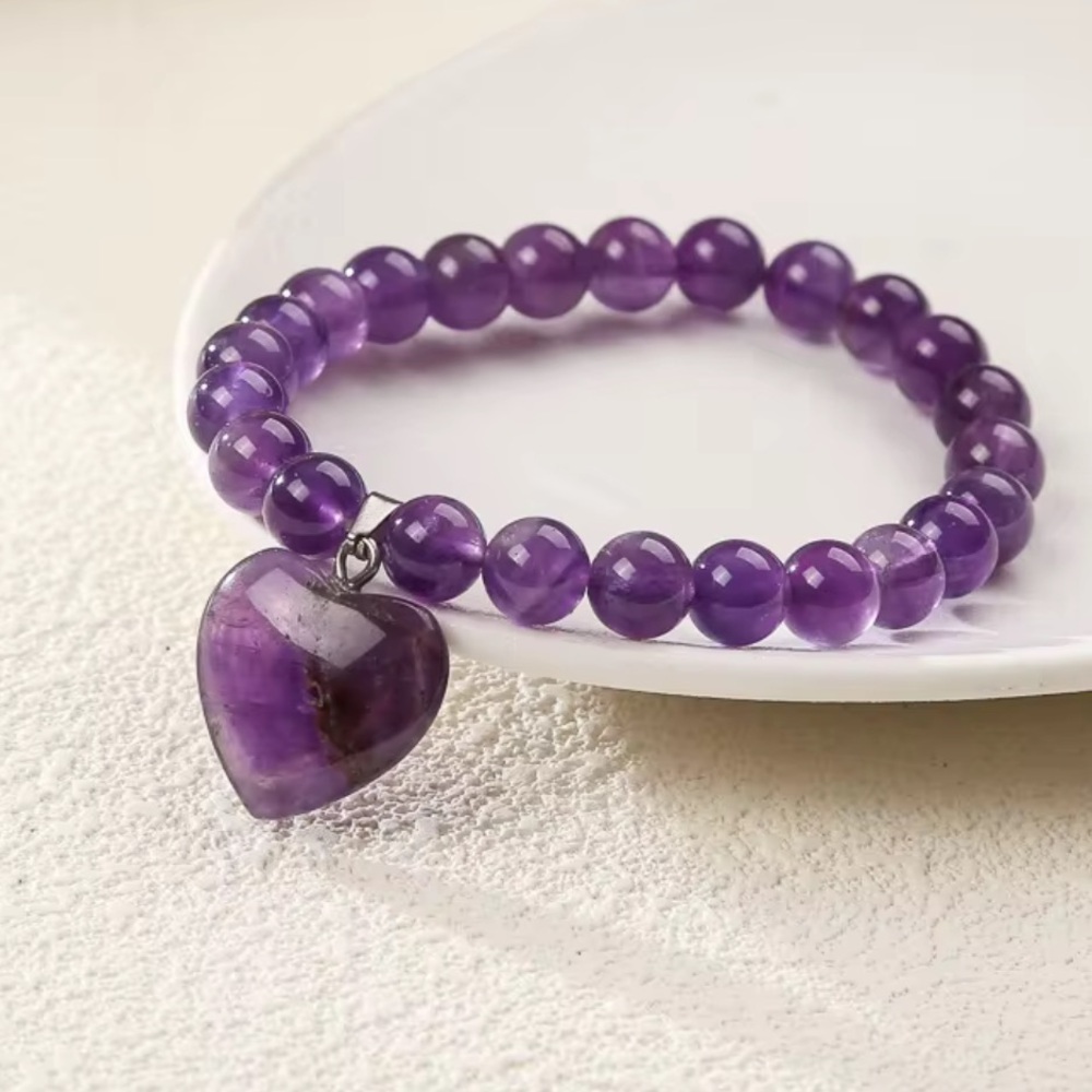 🆕New Amethyst Healing Beaded Bracelet with Heart Charm - Picture 2 of 7